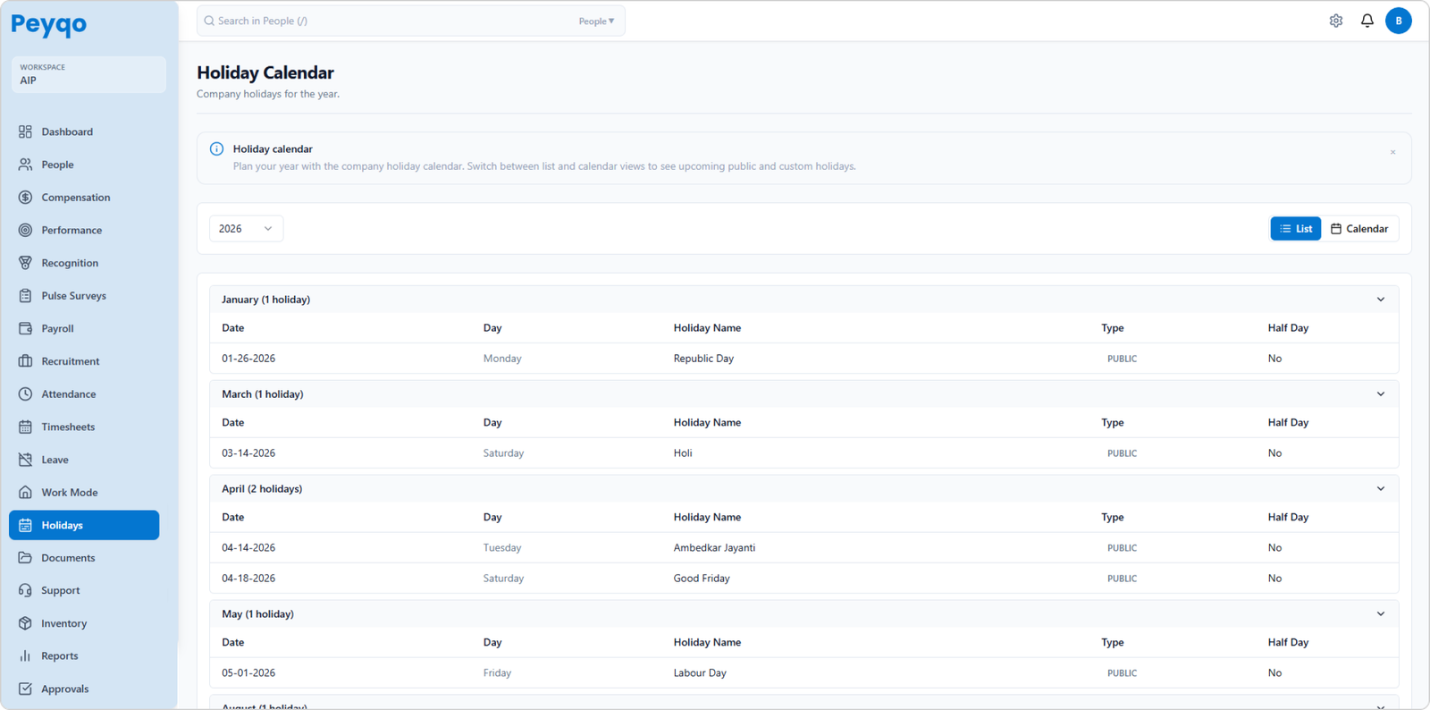 Peyqo Holidays dashboard